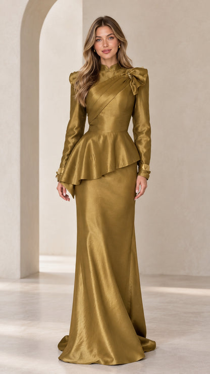 Antique Gold long sleeve peplum satin evening gown front view