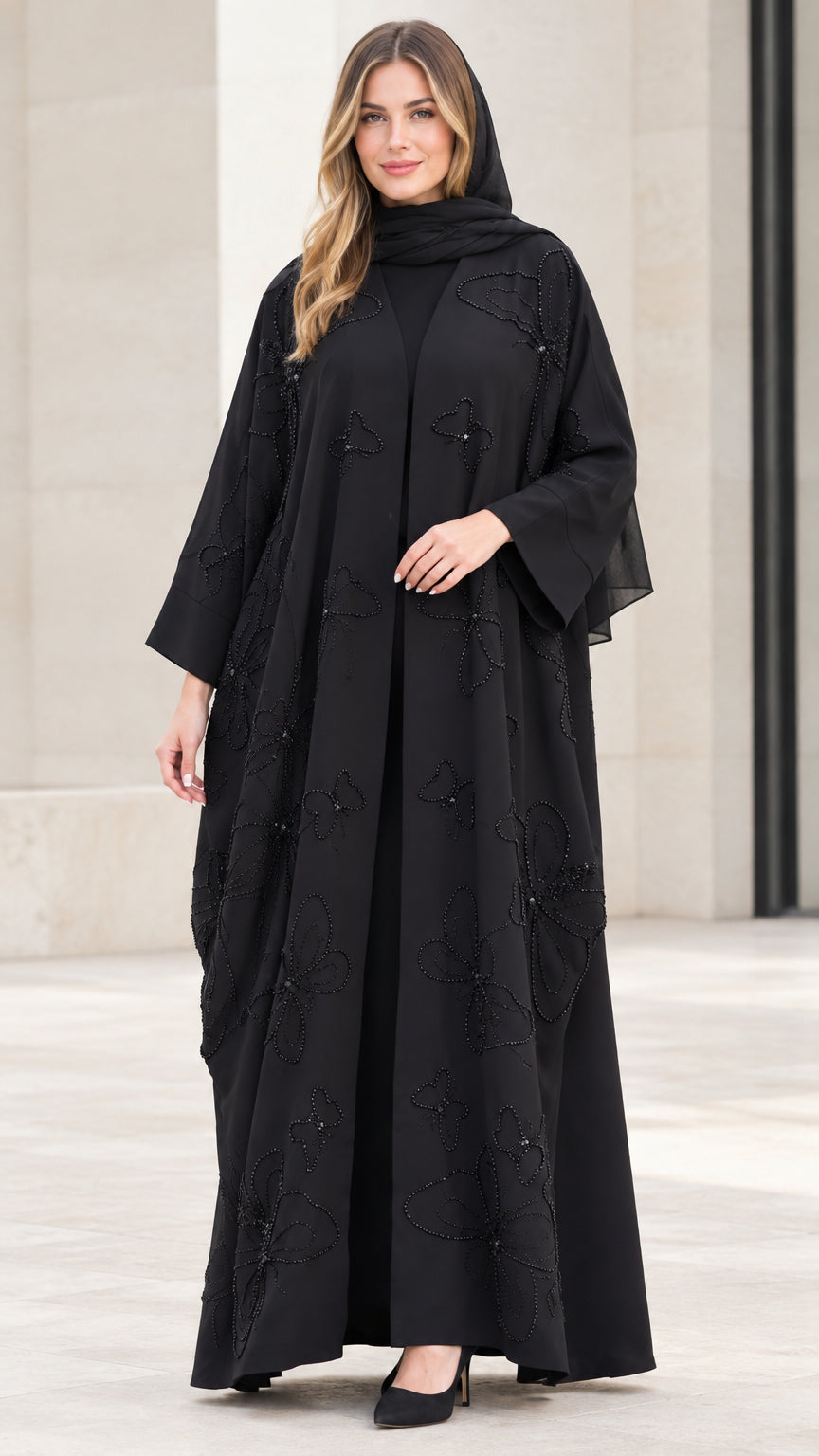 Front full-length view of black beaded butterfly abaya set with matching hijab