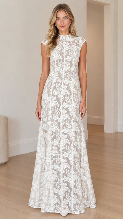 Model wearing white high neck floral lace sleeveless maxi evening gown front view