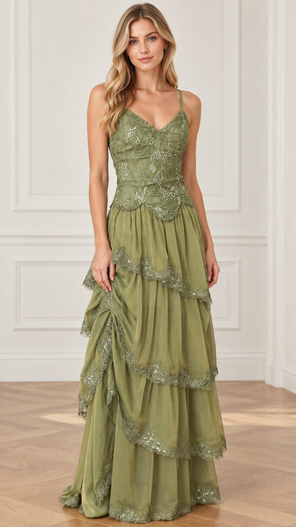 Front view of olive green spaghetti strap tiered maxi gown with embroidered bodice