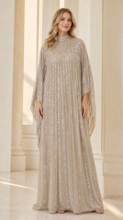 Champagne sequin pleated high-neck cape kaftan maxi gown front view