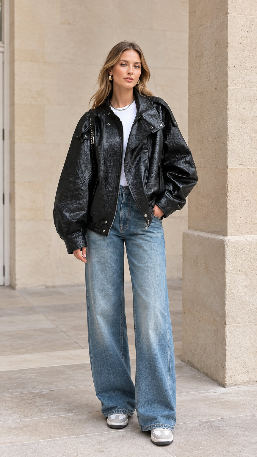 Front view of woman wearing oversized black textured faux leather bomber jacket with wide leg jeans