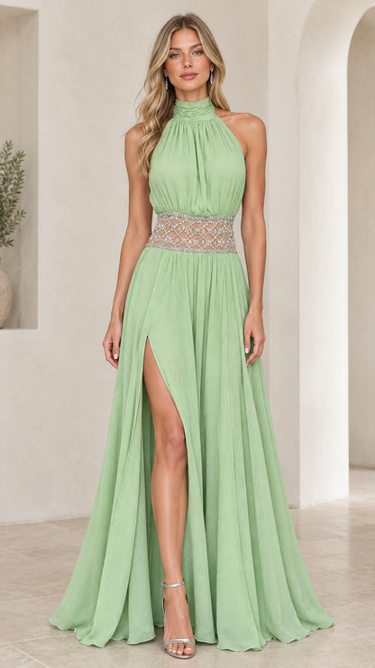 Sage Green halter neck pleated chiffon maxi evening dress with embellished waistband front view
