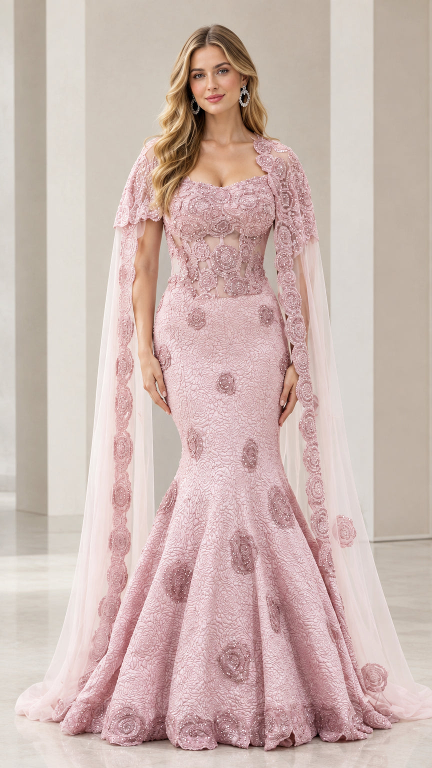 Front view of woman wearing Dusty Rose mermaid evening gown with sheer cape sleeves and floral lace bodice