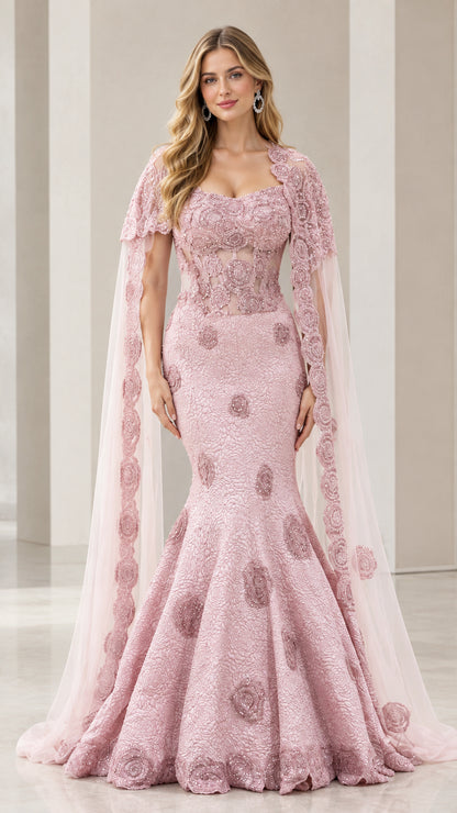 Front view of woman wearing Dusty Rose mermaid evening gown with sheer cape sleeves and floral lace bodice