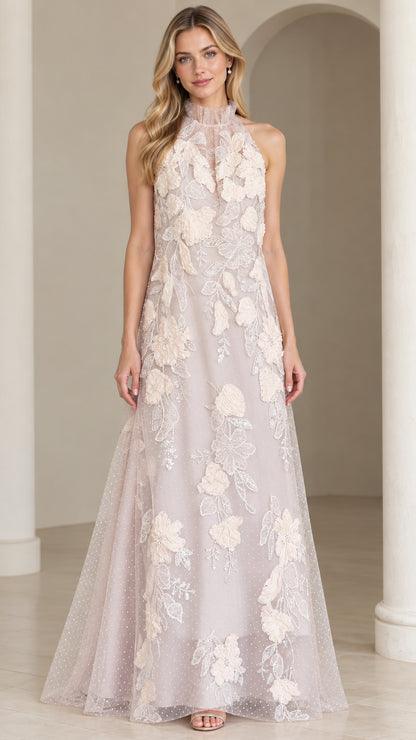 Front view of woman wearing dusty lilac halter maxi dress with 3D floral appliques