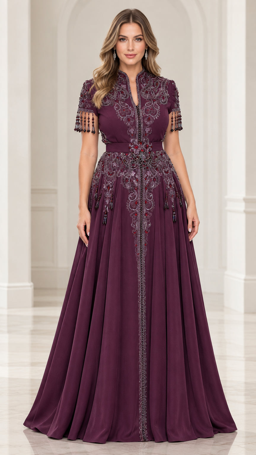 Plum beaded A-line evening gown front view with split stand collar