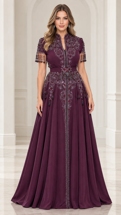 Plum beaded A-line evening gown front view with split stand collar