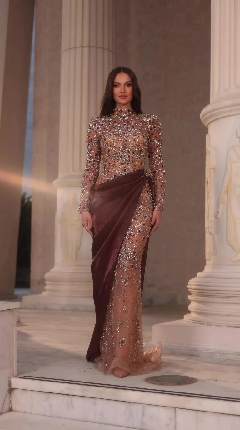 Front view of model wearing Chocolate Brown crystal embellished high-neck maxi gown with draped satin waist