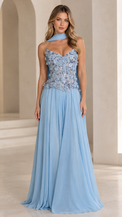 Front view of model wearing Sky Blue floral appliqué chiffon evening gown with matching neck scarf