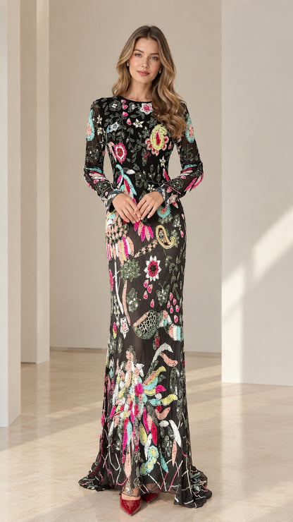 Front view of black floral sequin embroidered long sleeve evening gown
