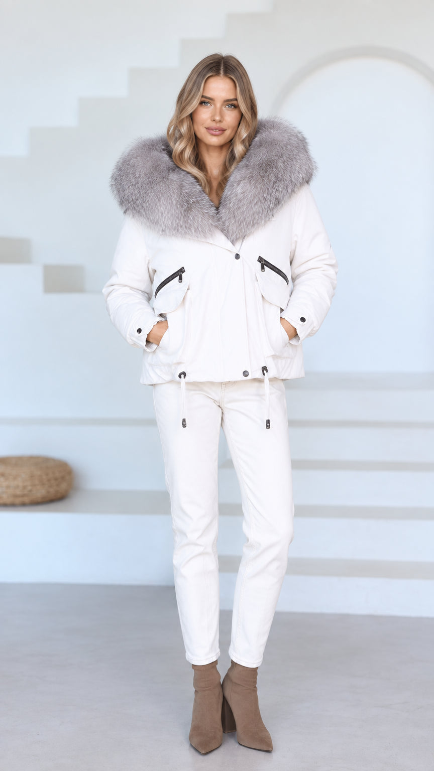 Front view of model wearing white hooded jacket with plush faux fur trim and matching white pants