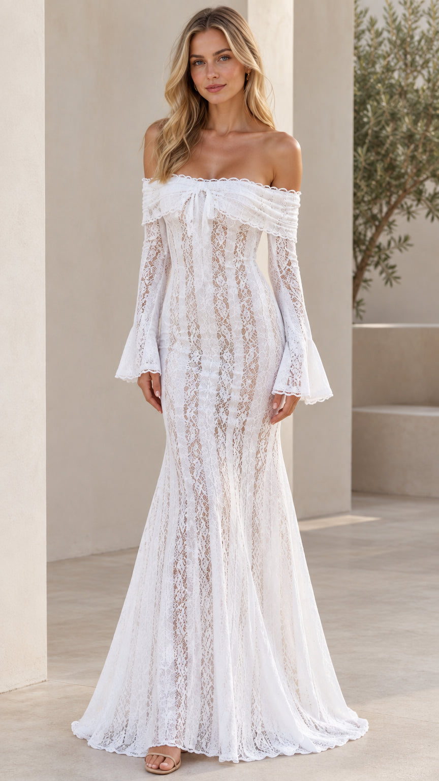 White off-the-shoulder lace mermaid maxi dress with bell sleeves front view