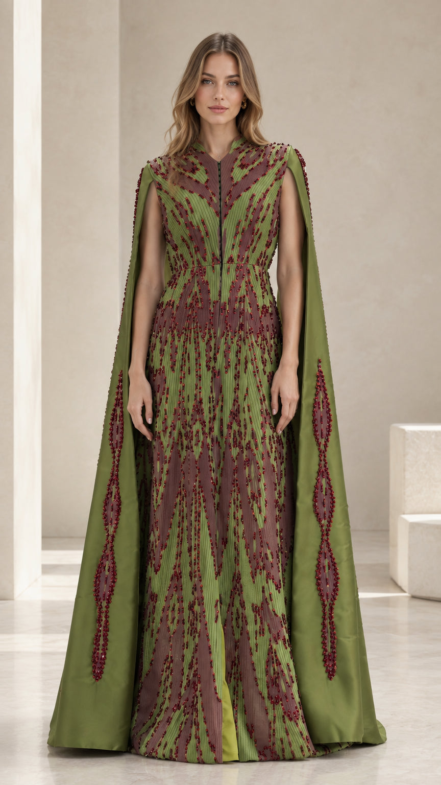 Front view of olive green beaded cape sleeve evening gown