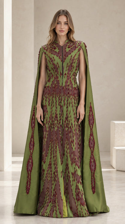 Front view of olive green beaded cape sleeve evening gown
