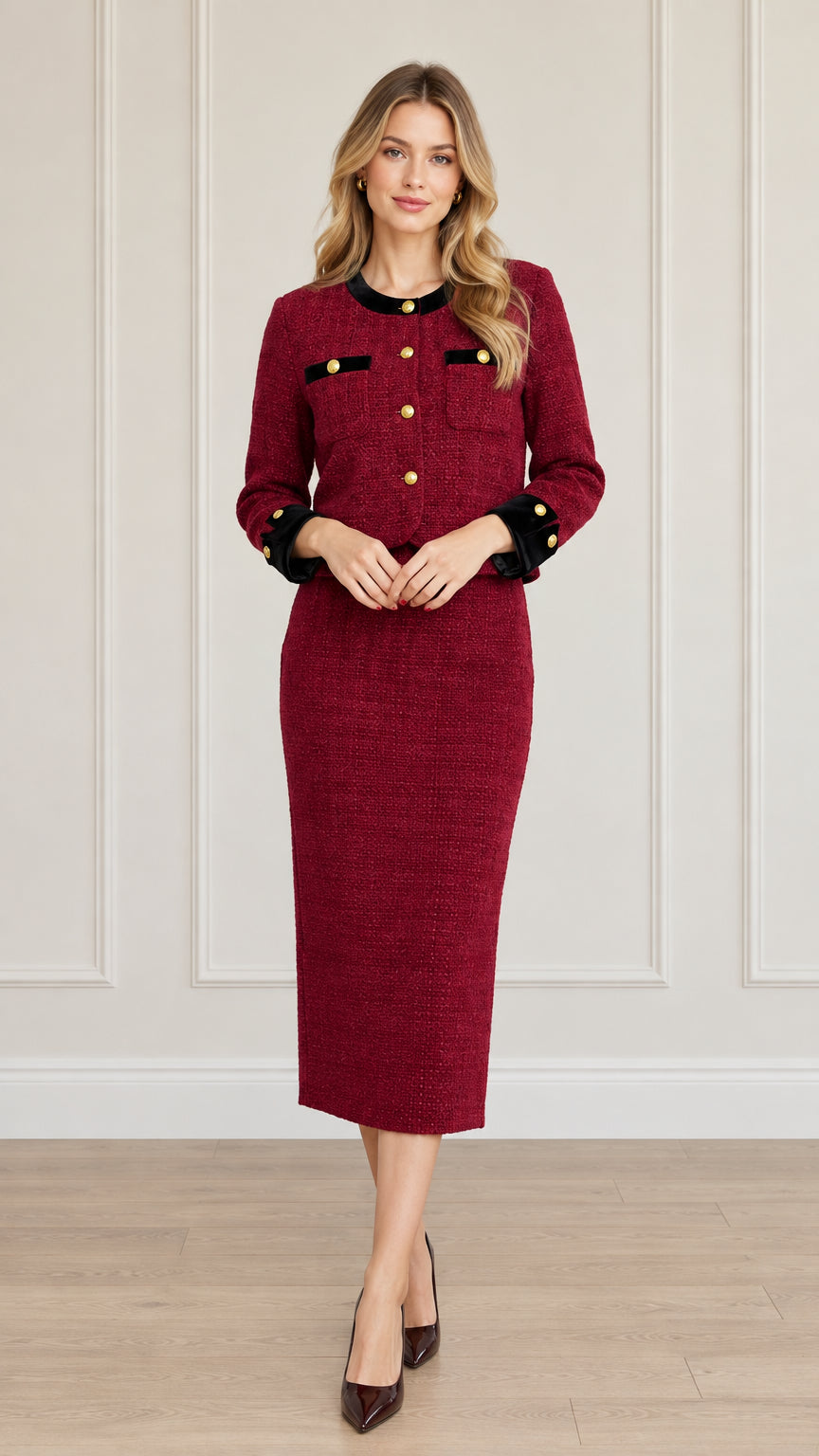 Front full view of woman wearing burgundy tweed skirt suit set with black contrast trim and gold buttons
