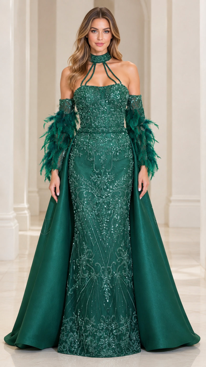 Front view of model wearing Emerald Green sequin mermaid evening gown with satin overskirt and feather cuffs