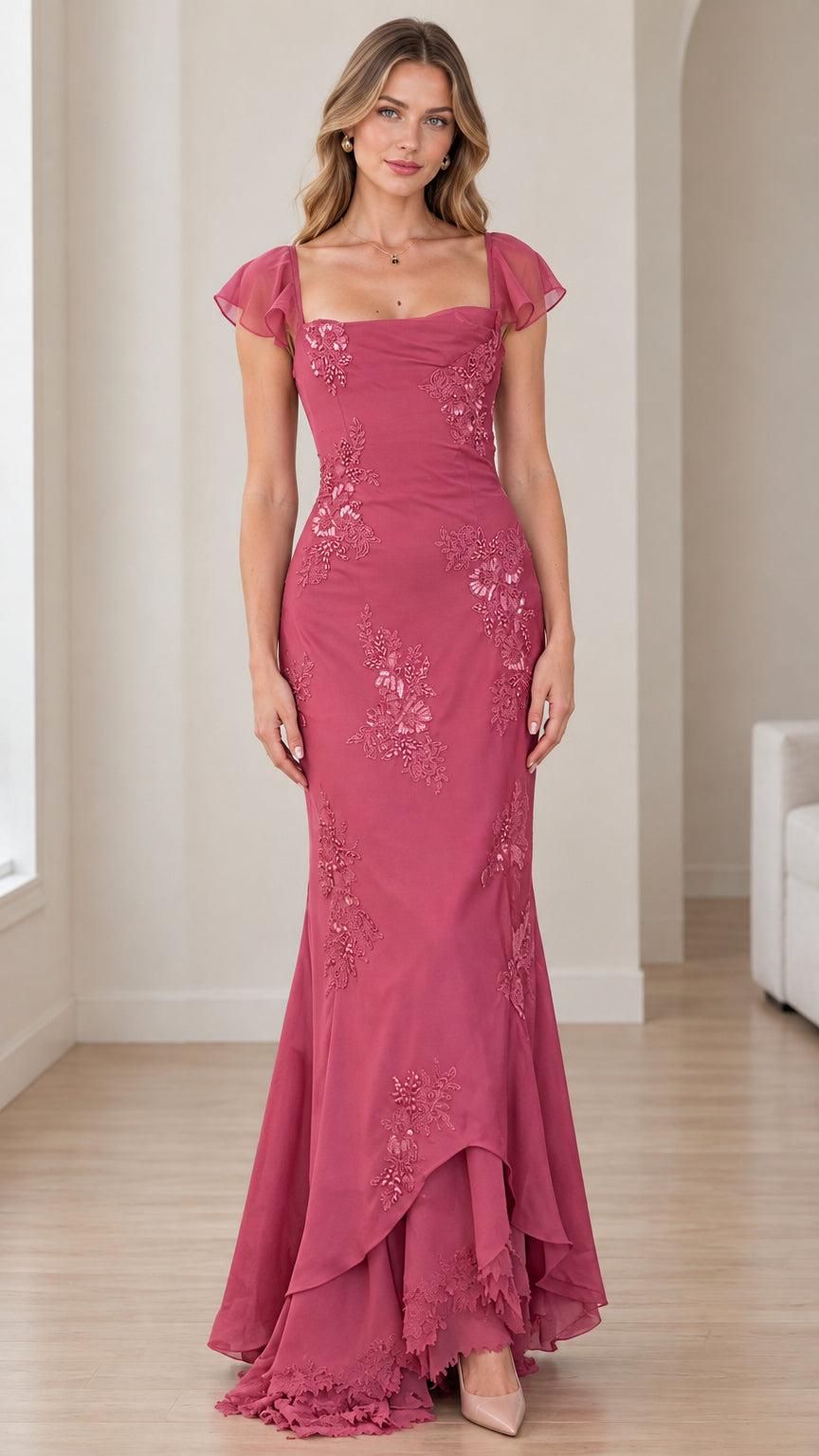Front view of woman wearing Dusty Rose beaded mermaid evening gown with flutter sleeves