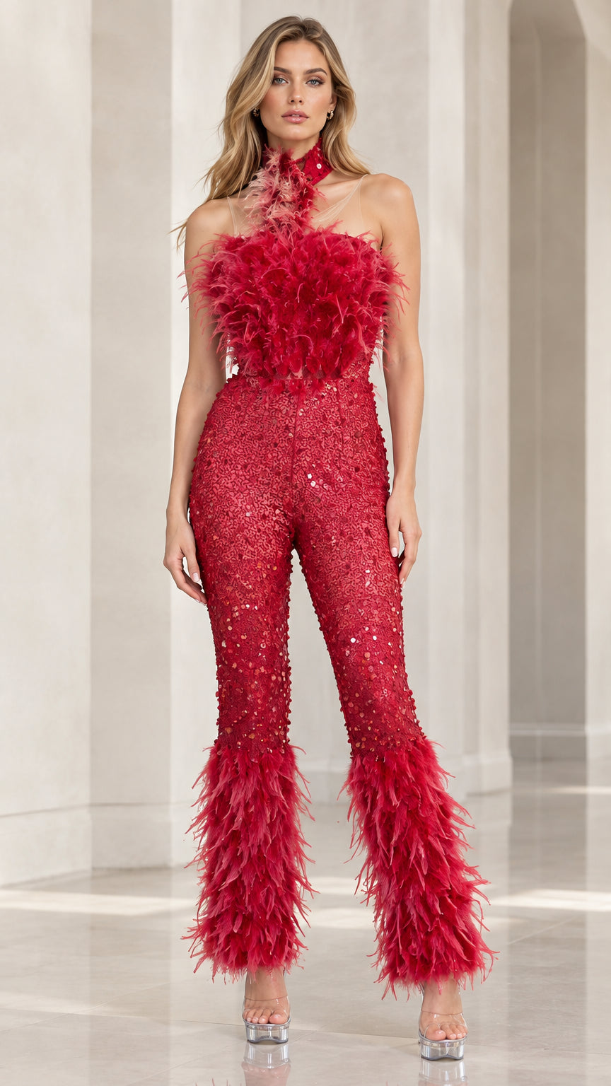 Model wearing a red halter sequin jumpsuit with feather bodice and cuffs, front view