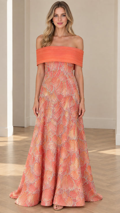 Coral off-the-shoulder beaded A-line evening gown front view