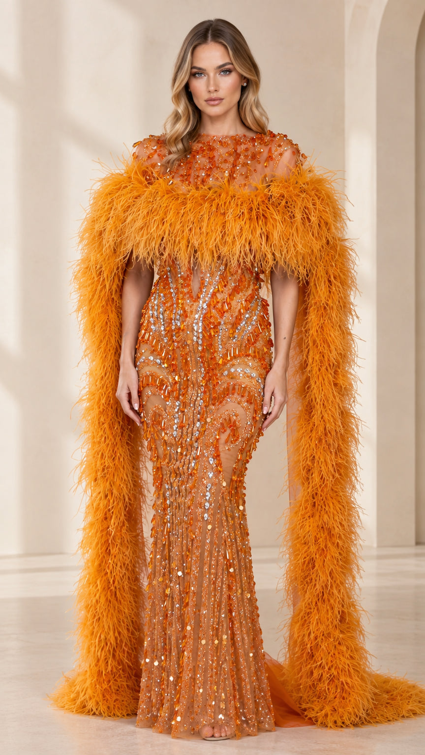 Front view of model wearing orange sequin mermaid evening gown with floor-length feather cape