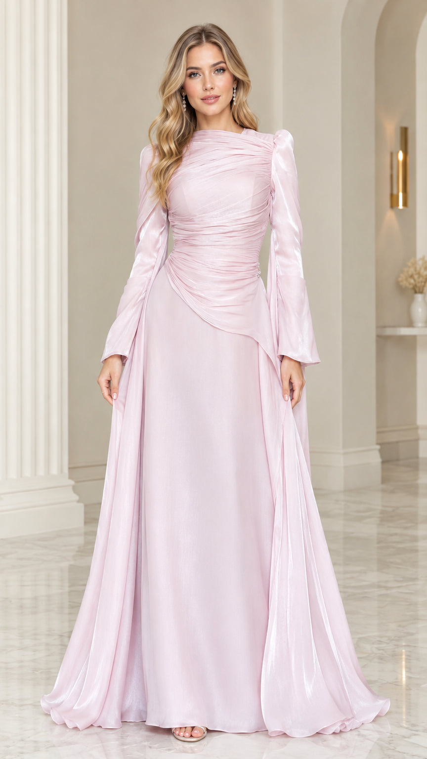 Front full-length view of model wearing blush pink ruched high-neck long-sleeve evening gown