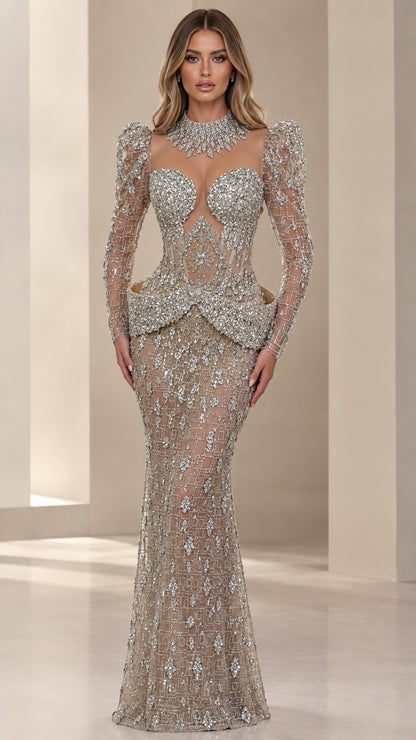 Silver rhinestone embellished mock neck mermaid evening gown front view
