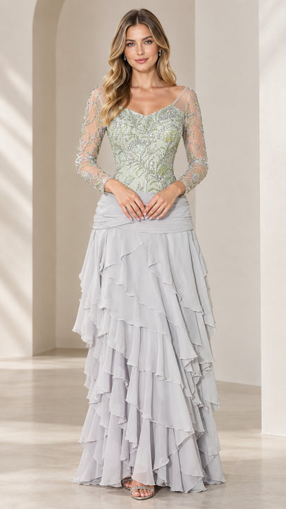 Front view of Sage Green beaded bodice long sleeve evening gown with tiered skirt