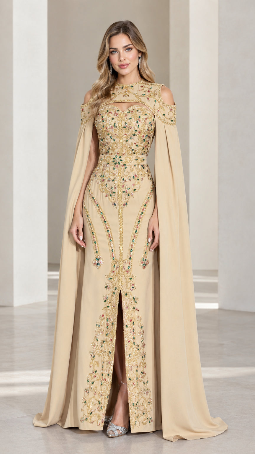 Champagne embellished cape evening gown with front slit front view