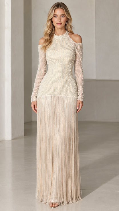 Champagne cold shoulder beaded maxi dress with fringe skirt front view