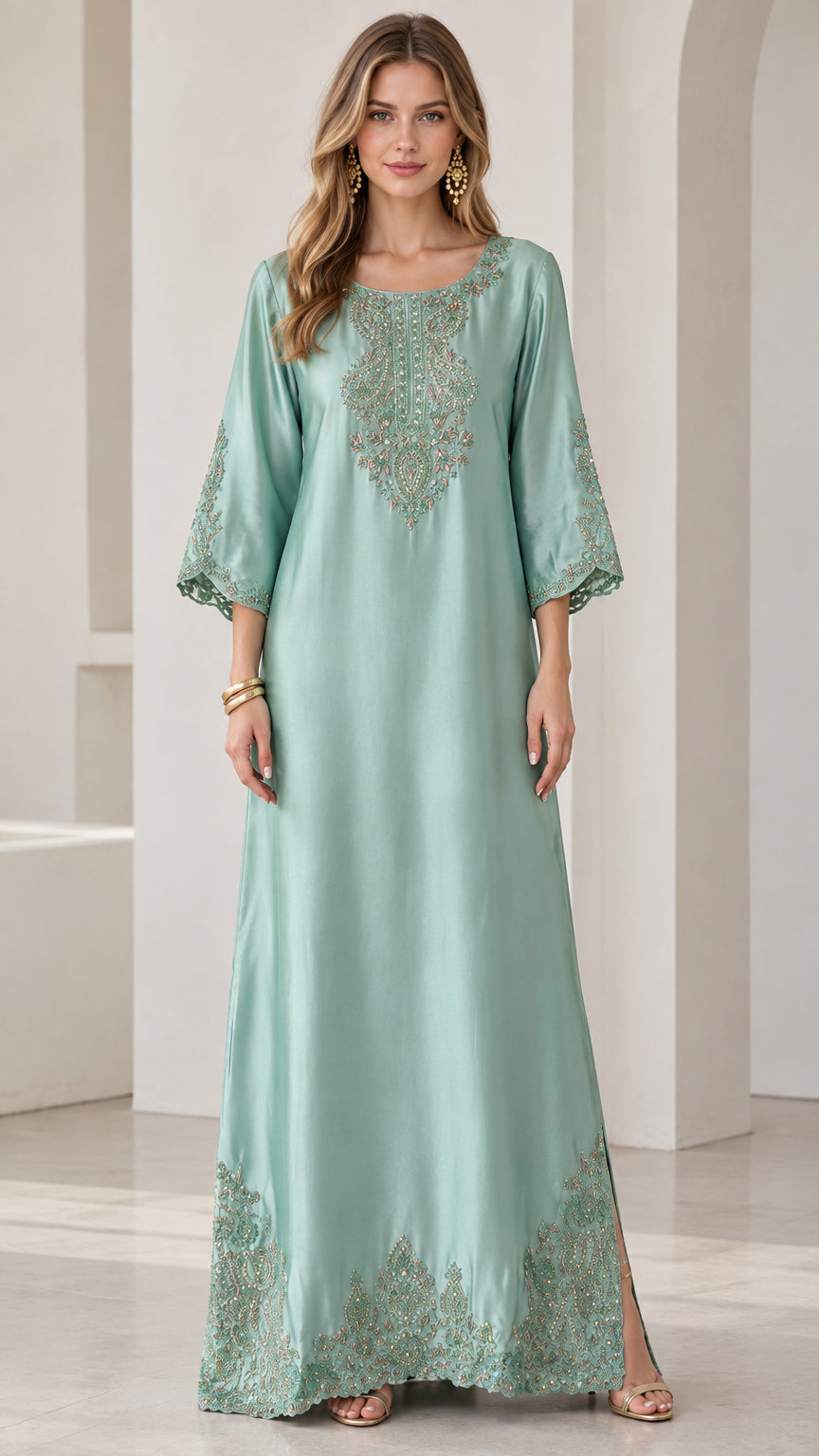 Full front view of mint green embroidered satin kaftan maxi dress