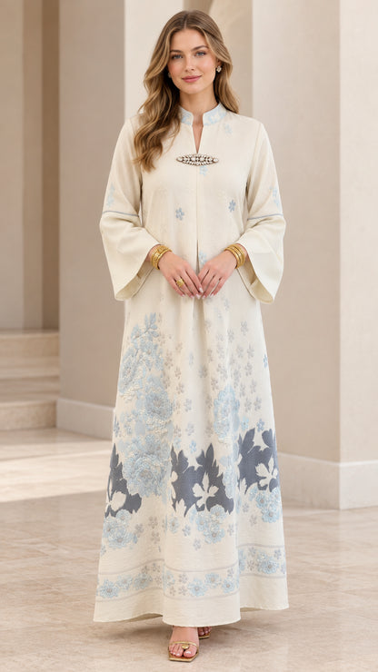 Front full view of Cream embroidered kaftan maxi dress with crystal brooch closure