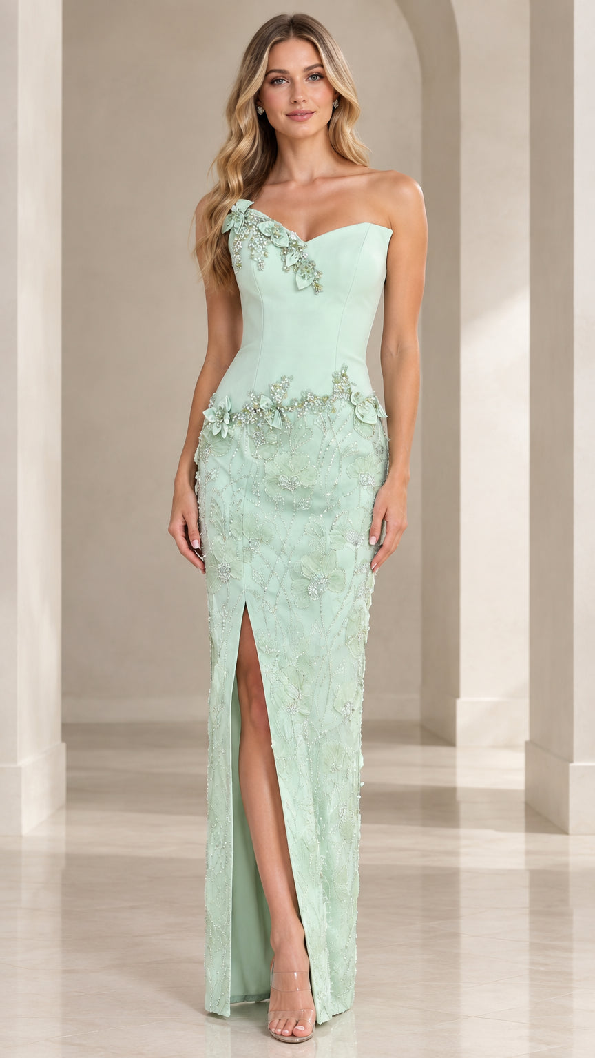 Front view of mint green one-shoulder evening dress with floral appliqué and slit