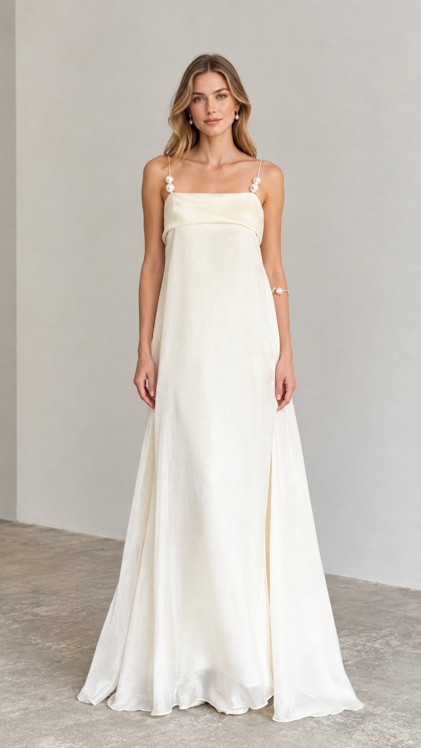 Ivory pearl strap maxi slip dress front view