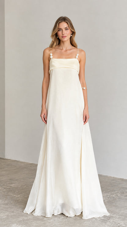 Ivory pearl strap maxi slip dress front view