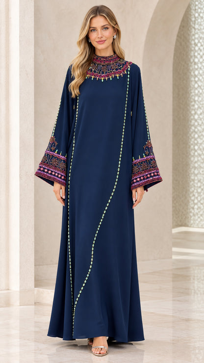 Front view of woman wearing navy blue beaded high neck kaftan maxi dress
