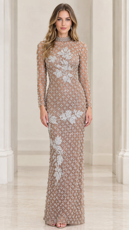 Front view of champagne beaded long sleeve high neck evening gown with floral embroidery