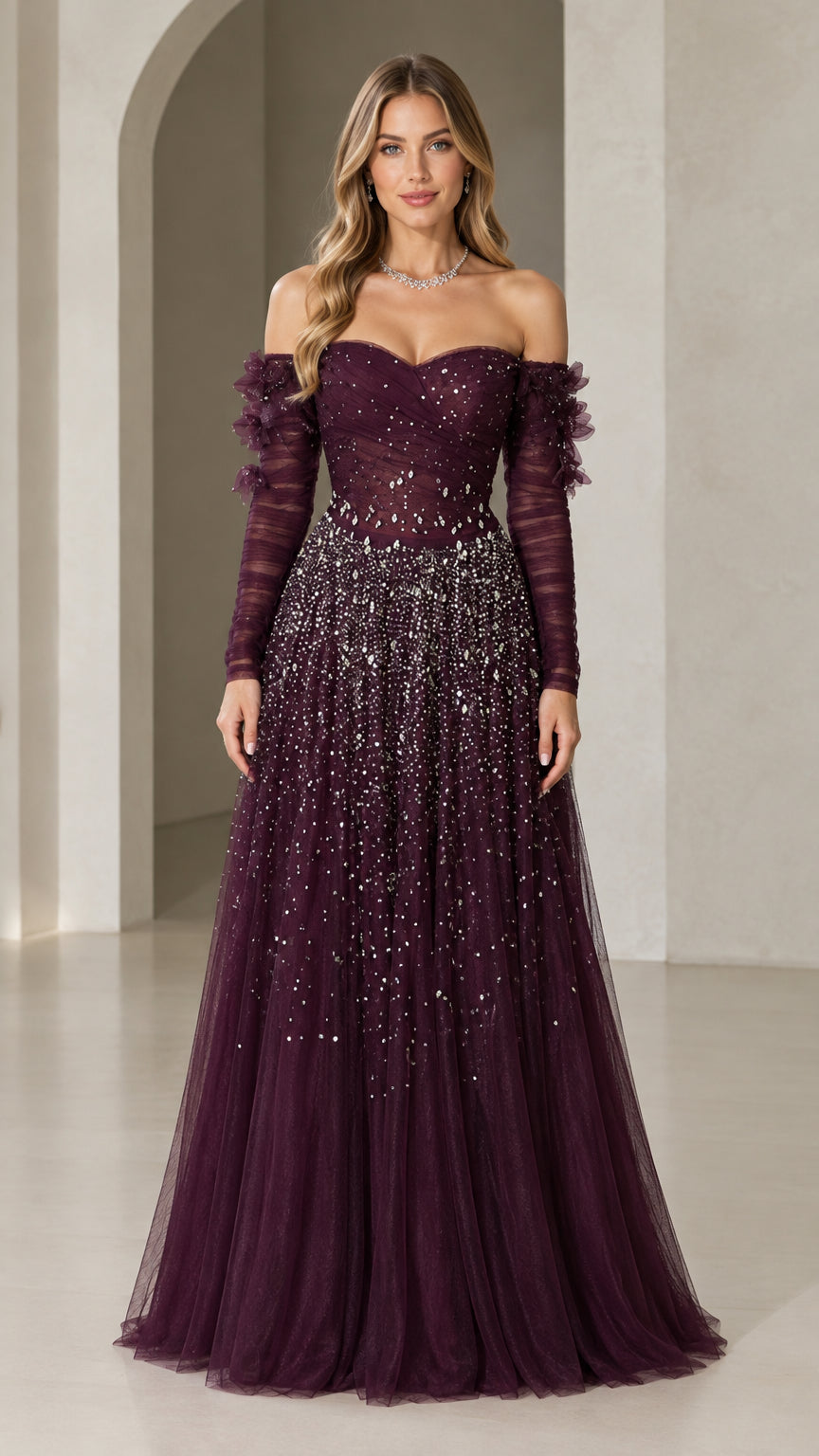 Plum off-the-shoulder beaded tulle evening gown front view