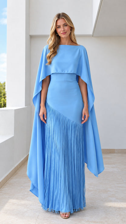 Sky blue formal maxi dress with cape overlay and asymmetrical fringe hem front view