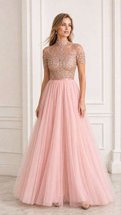 High neck beaded bodice tulle evening gown in blush pink front view