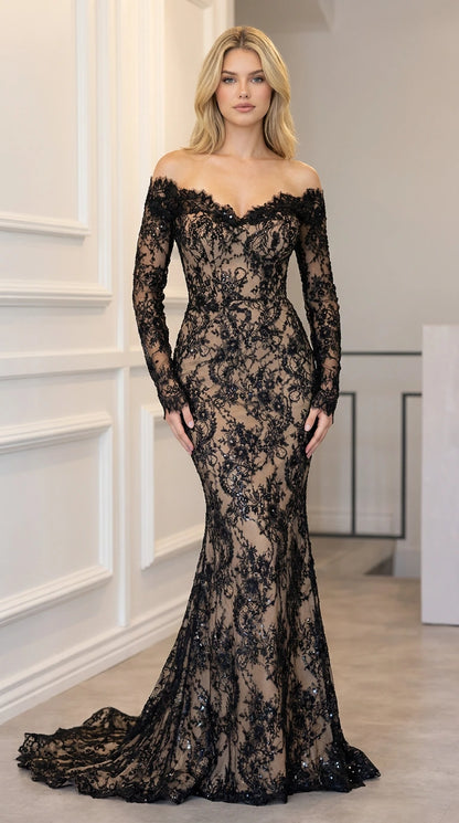 Front view of model in black sequin lace mermaid gown over nude lining