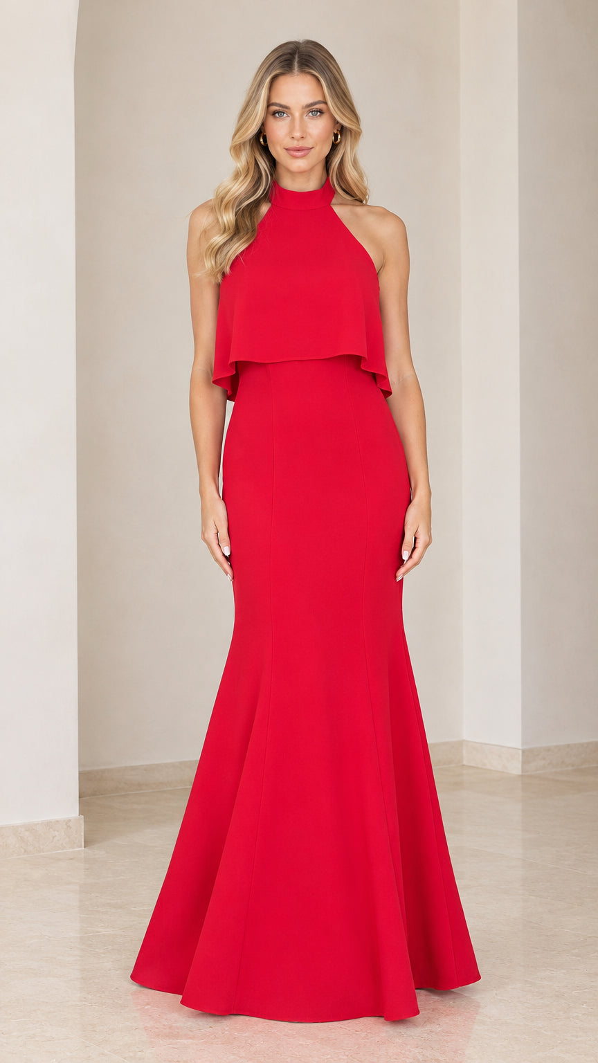 Front view of model wearing the red halter neck popover mermaid maxi dress