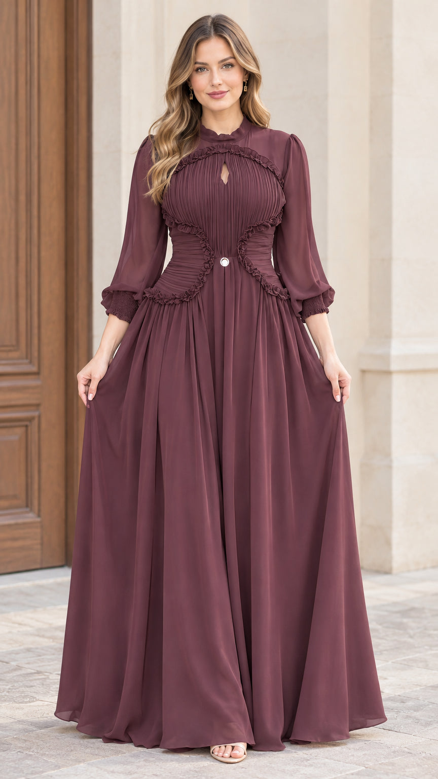 Front full-length view of woman wearing burgundy pleated mock neck chiffon maxi dress
