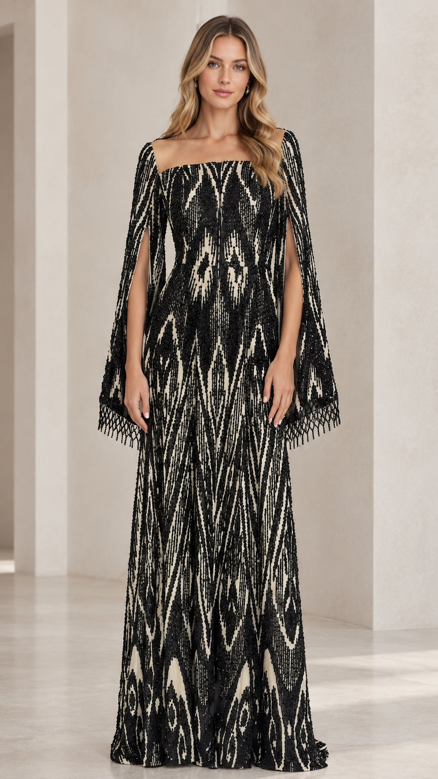 Black geometric sequin floor-length evening gown with square neckline and cape sleeves front view