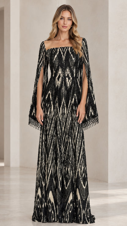 Black geometric sequin floor-length evening gown with square neckline and cape sleeves front view
