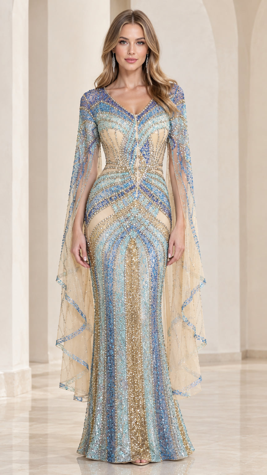 Front view of model wearing Sky Blue beaded cape sleeve mermaid evening gown