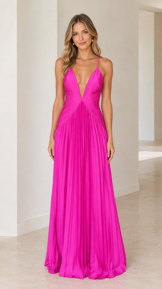 Hot pink deep V-neck pleated maxi dress front view
