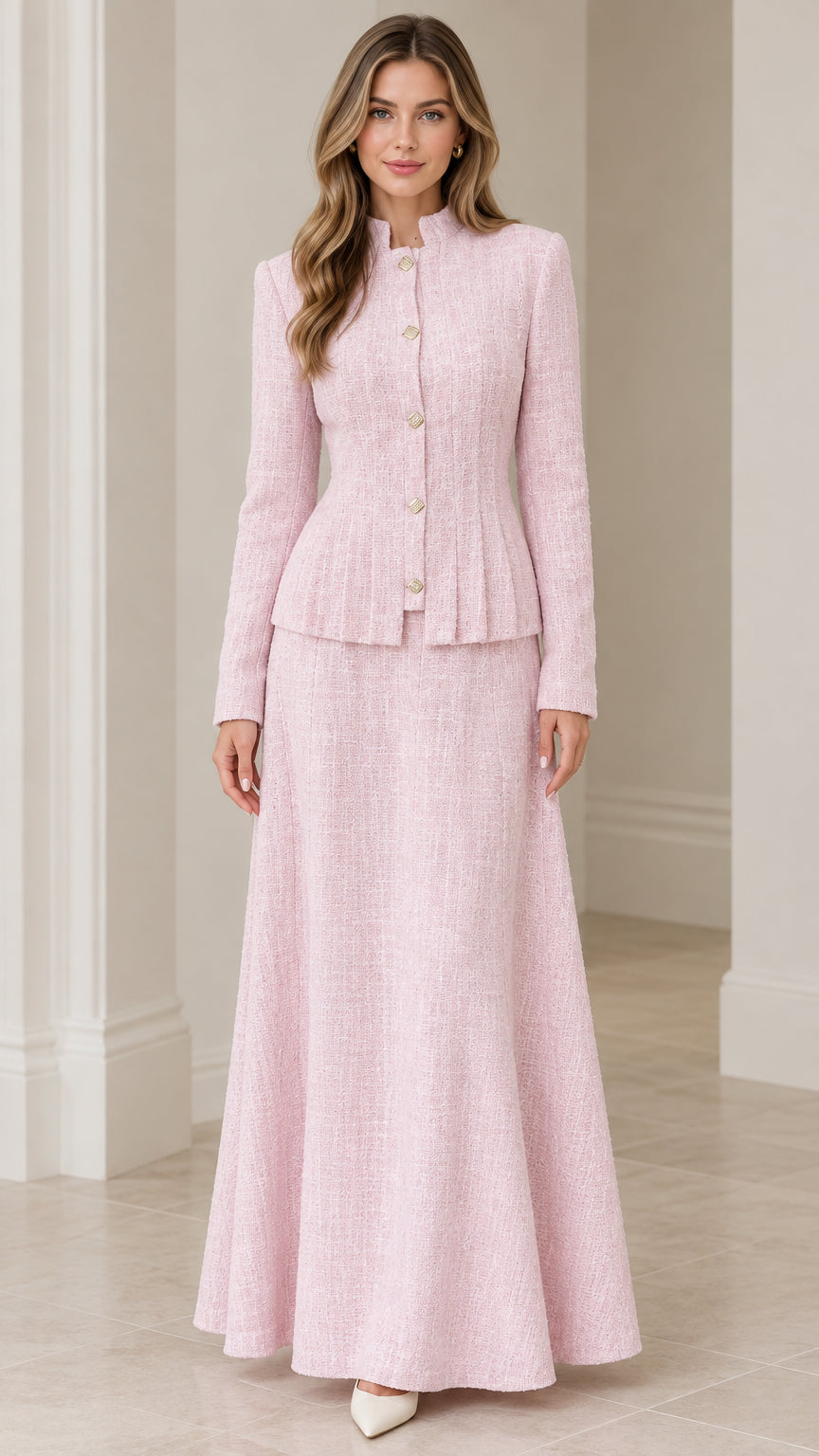Front view of model wearing blush pink tweed peplum jacket and matching maxi skirt suit set