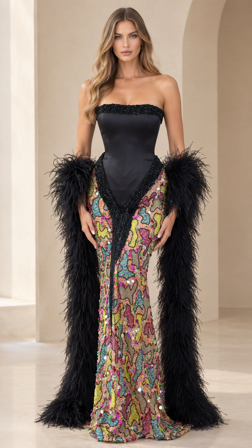 Front view of black strapless corset evening gown with multicolor sequin skirt and black feather stole