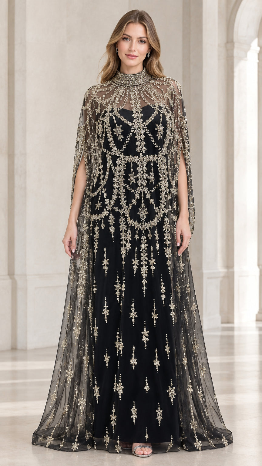 Full-length front view of black evening gown with embroidered high neck cape overlay